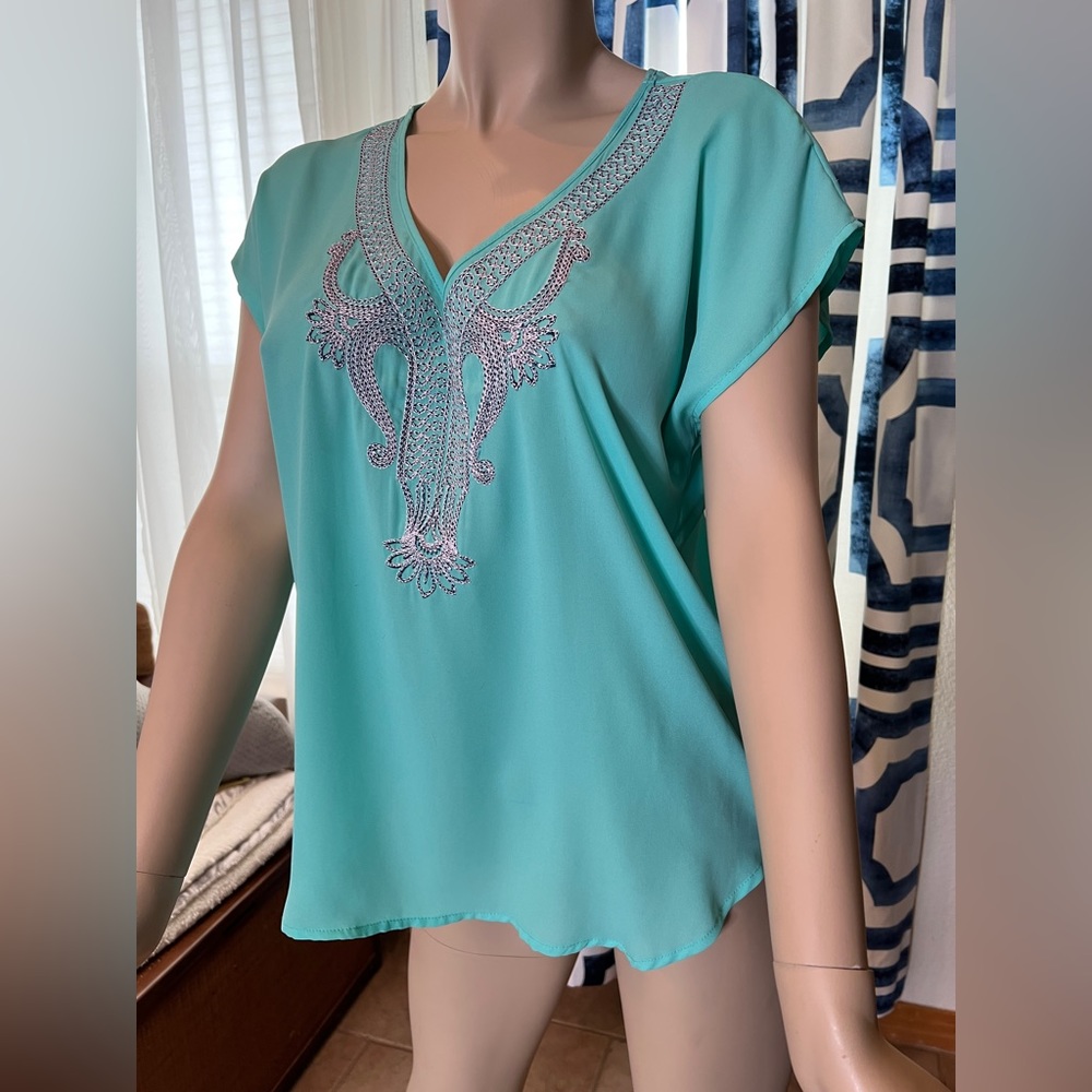 Three Pink Hearts Trixxi Teal Embroidered Chiffon Blouse Size XL